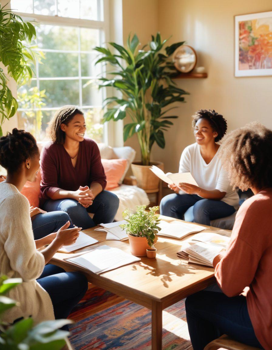 A warm, welcoming scene of a diverse group of individuals gathered in a cozy, sunlit community space. They are sharing stories and supporting each other, surrounded by plants and soft furnishings, symbolizing hope and resilience. Include resources like pamphlets and discussion materials on a vibrant table, with a gentle and uplifting atmosphere. soft focus. vibrant colors. painterly style.