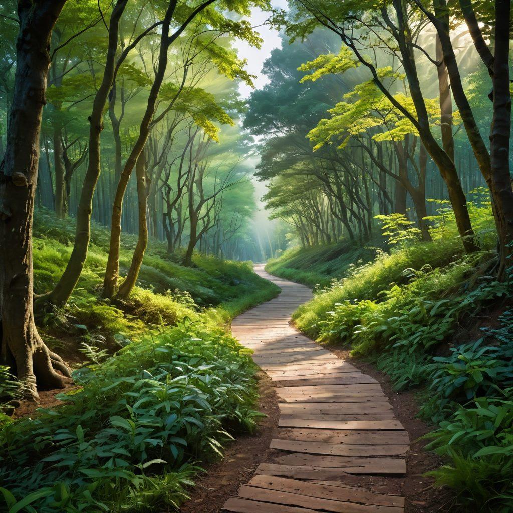 A serene landscape depicting a winding path through a lush green forest, symbolizing the cancer journey. Along the path, colorful support ribbons are subtly incorporated into the scenery, representing various cancer types. A warm light breaks through the trees, indicating hope and wellness, with silhouettes of diverse people walking together, offering support. The atmosphere should be uplifting and peaceful, emphasizing resilience and community. vibrant colors. super-realistic.
