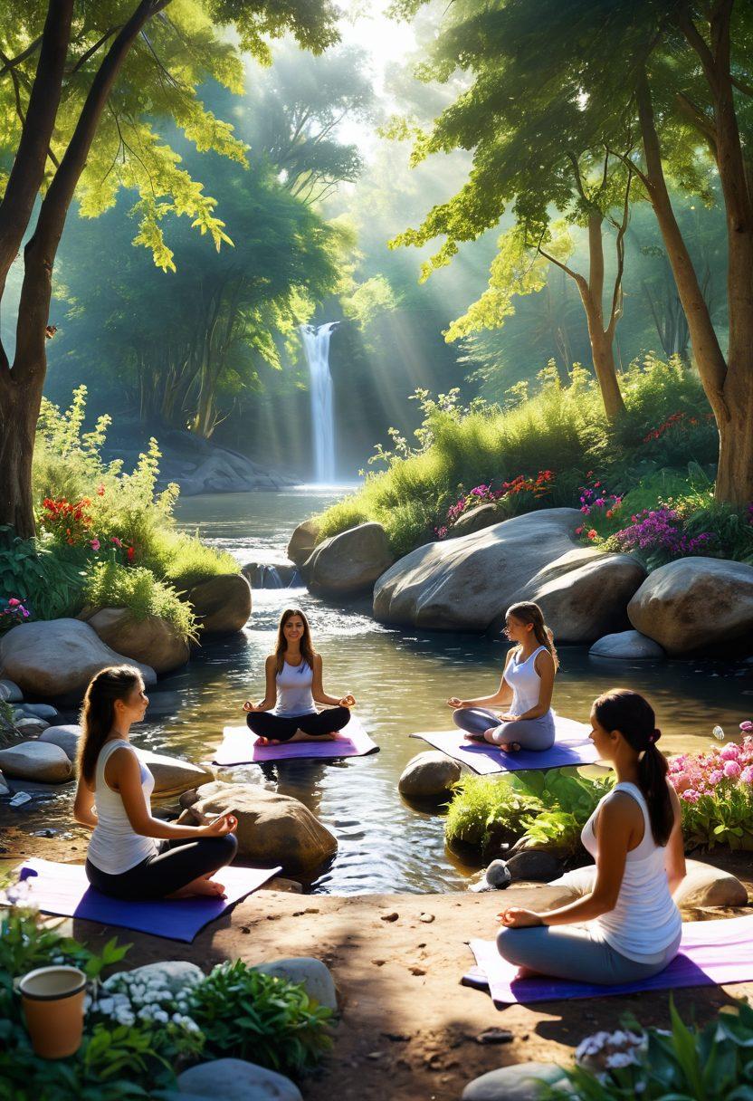 A vibrant and serene scene depicting a diverse group of survivors engaging in holistic health practices, such as yoga in a sunlit park, herbal tea preparation, and meditation by a flowing stream. A beautiful blend of nature surrounds them, showcasing lush greenery and colorful flowers to symbolize growth and healing. The atmosphere conveys hope and resilience, with soft rays of sunlight illuminating the scene. super-realistic. vibrant colors. peaceful ambiance.